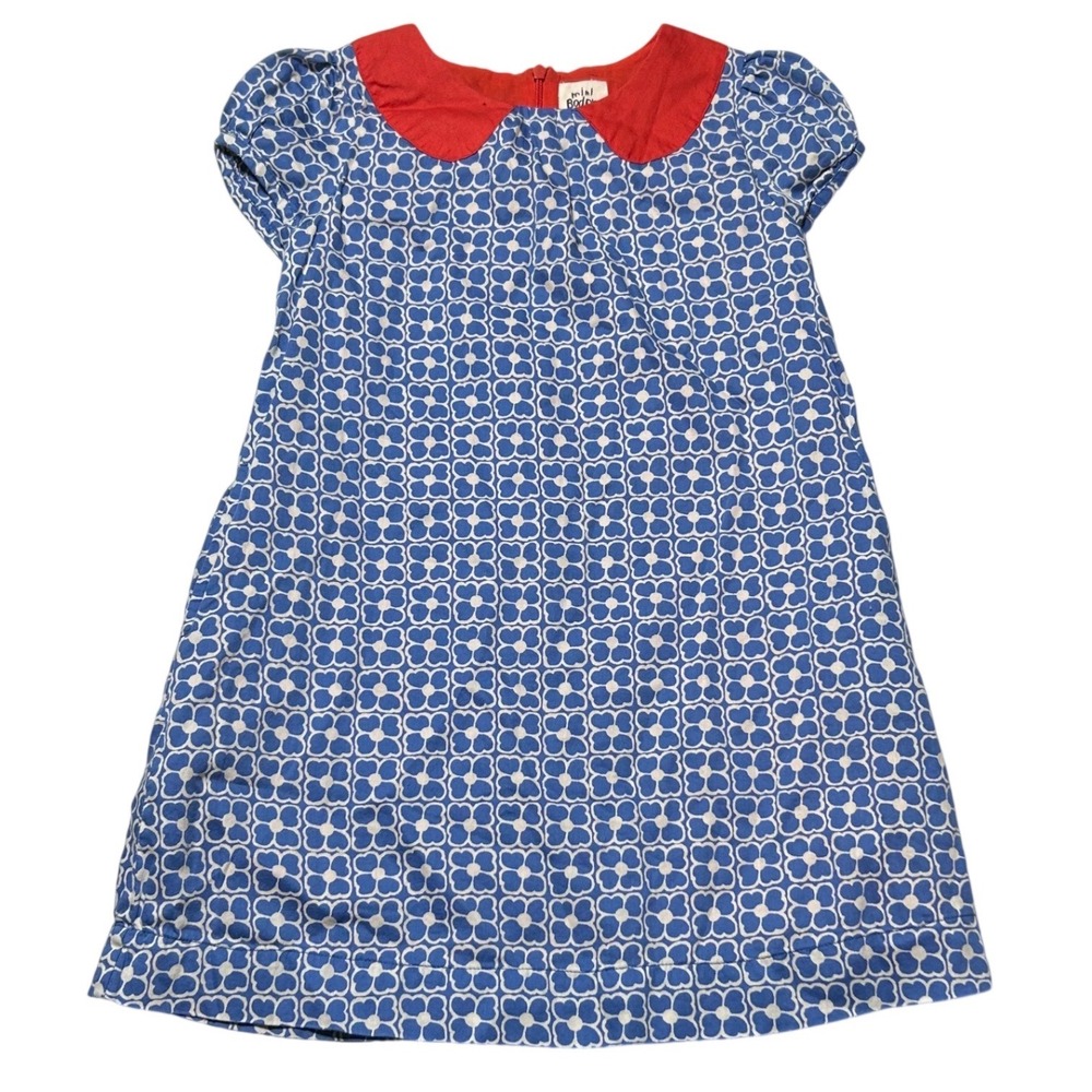Mini Boden Girls Blue White Floral Shift Dress Red Peter Pan Collar Size 5-6Y